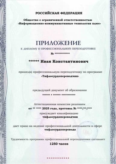 Образец приложения лицевая сторона (итоговое тестирование) по программе Тифлосурдопереводчик