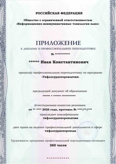 Образец приложения лицевая сторона (итоговое тестирование) по программе Тифлосурдопереводчик