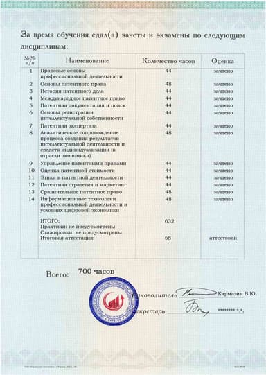 Образец приложения оборотная сторона (аттестационная работа) по программе Патентоведение