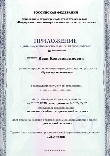 Образец приложения лицевая сторона (итоговое тестирование) по программе Прикладная эстетика
