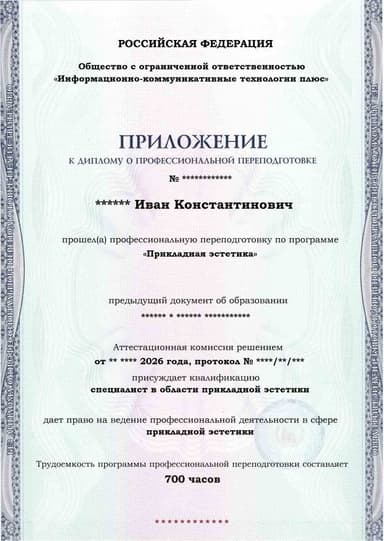 Образец приложения лицевая сторона (итоговое тестирование) по программе Прикладная эстетика