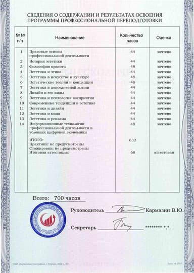 Образец приложения оборотная сторона (итоговое тестирование) по программе Прикладная эстетика