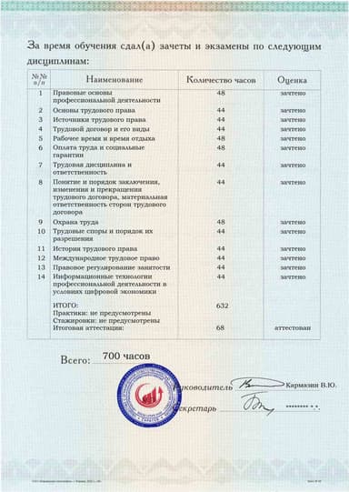 Образец приложения оборотная сторона (аттестационная работа) по программе Трудовое право