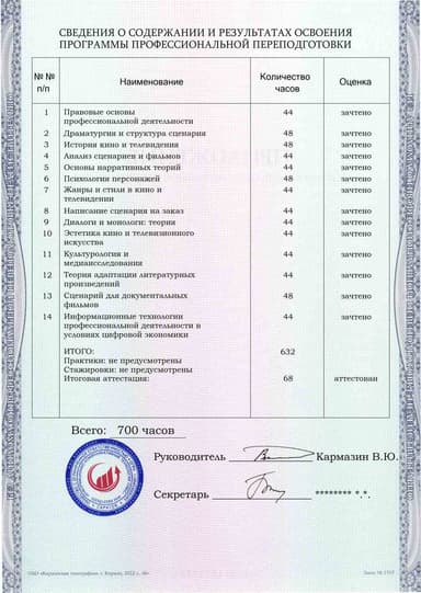 Образец приложения оборотная сторона (итоговое тестирование) по программе Сценарист