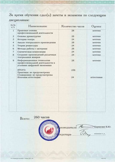 Образец приложения оборотная сторона (аттестационная работа) по программе Режиссура театра
