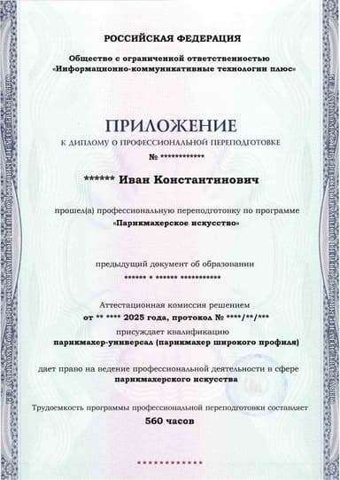 Образец приложения лицевая сторона (итоговое тестирование) по программе Парикмахерское искусство