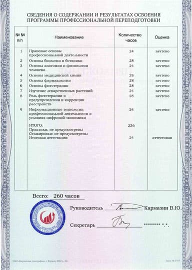 Образец приложения оборотная сторона (итоговое тестирование) по программе Фитотерапия
