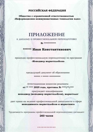 Образец приложения лицевая сторона (итоговое тестирование) по программе Менеджер маркетплейсов