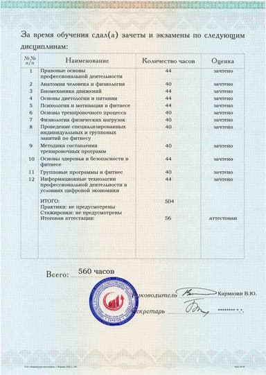 Образец приложения оборотная сторона (аттестационная работа) по программе Фитнес-тренер
