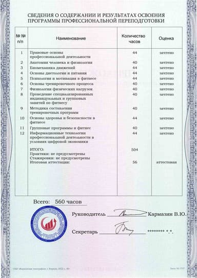 Образец приложения оборотная сторона (итоговое тестирование) по программе Фитнес-тренер