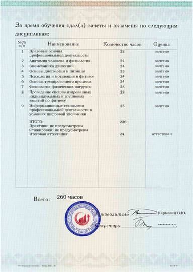 Образец приложения оборотная сторона (аттестационная работа) по программе Фитнес-тренер