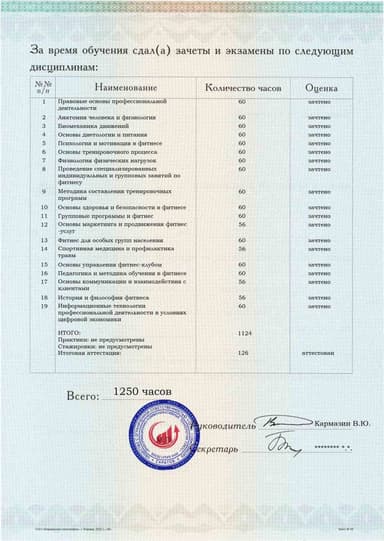 Образец приложения оборотная сторона (аттестационная работа) по программе Фитнес-тренер