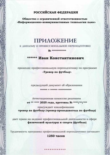 Образец приложения лицевая сторона (итоговое тестирование) по программе Тренер по футболу