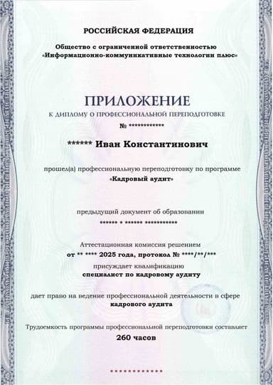 Образец приложения лицевая сторона (итоговое тестирование) по программе Кадровый аудит