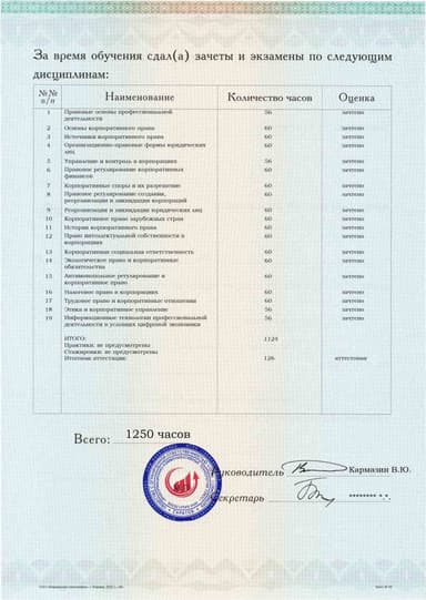 Образец приложения оборотная сторона (аттестационная работа) по программе Корпоративное право