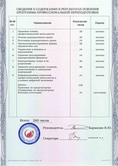 Образец приложения оборотная сторона (итоговое тестирование) по программе Корпоративное право