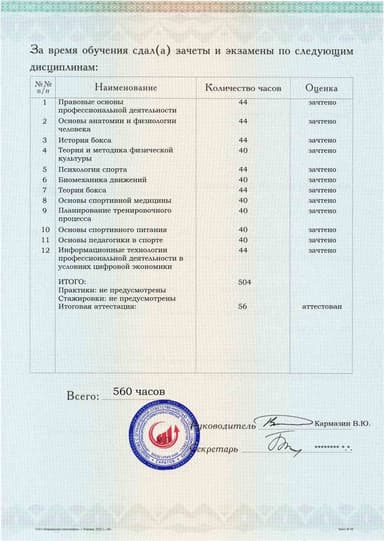 Образец приложения оборотная сторона (аттестационная работа) по программе Тренер по боксу