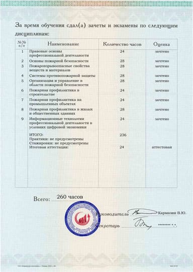 Образец приложения оборотная сторона (аттестационная работа) по программе Специалист по пожарной профилактике