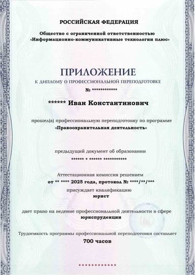 Образец приложения лицевая сторона (итоговое тестирование) по программе Правоохранительная деятельность