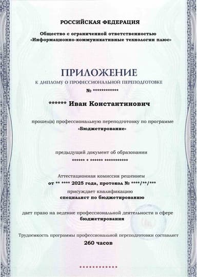 Образец приложения лицевая сторона (итоговое тестирование) по программе Бюджетирование