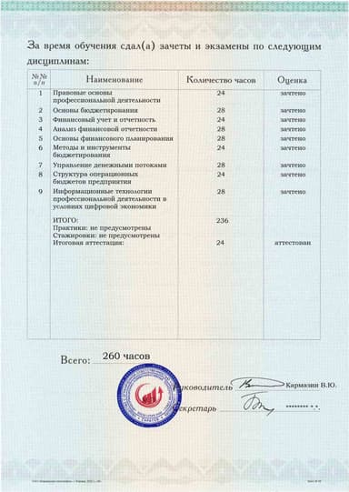 Образец приложения оборотная сторона (аттестационная работа) по программе Бюджетирование