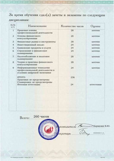 Образец приложения оборотная сторона (аттестационная работа) по программе Финансовое консультирование