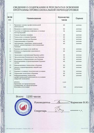 Образец приложения оборотная сторона (итоговое тестирование) по программе Бурение нефтяных и газовых скважин