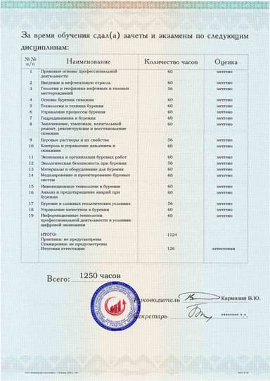 Образец приложения оборотная сторона (аттестационная работа) по программе Бурение нефтяных и газовых скважин