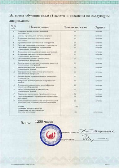 Образец приложения оборотная сторона (аттестационная работа) по программе Производство строительных изделий и конструкций