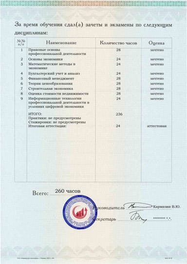 Образец приложения оборотная сторона (аттестационная работа) по программе Ценообразование и сметное дело