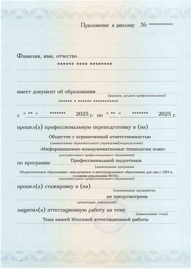 Образец приложения лицевая сторона (аттестационная работа) по программе Педагогическое образование: инклюзивное и интегрированное образование для лиц с ОВЗ в условиях реализации ФГОС