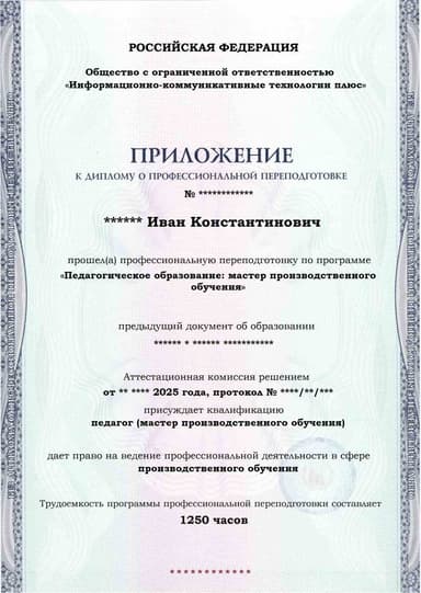 Образец приложения лицевая сторона (итоговое тестирование) по программе Педагогическое образование: мастер производственного обучения