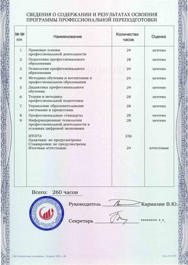 Образец приложения оборотная сторона (итоговое тестирование) по программе Педагогическое образование: мастер производственного обучения