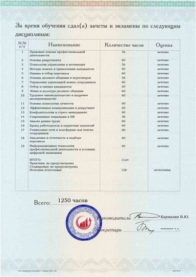 Образец приложения оборотная сторона (аттестационная работа) по программе Специалист по подбору персонала (рекрутер)