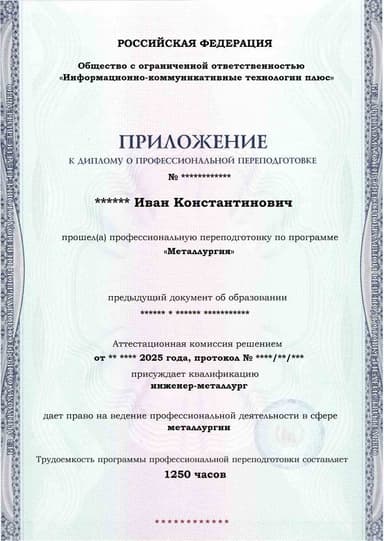 Образец приложения лицевая сторона (итоговое тестирование) по программе Металлургия