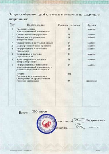Образец приложения оборотная сторона (аттестационная работа) по программе Бизнес-информатика