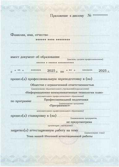 Образец приложения лицевая сторона (аттестационная работа) по программе Программист