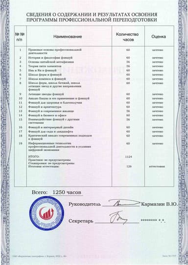 Образец приложения оборотная сторона (итоговое тестирование) по программе Фэншуй