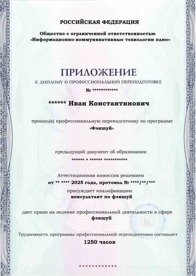 Образец приложения лицевая сторона (итоговое тестирование) по программе Фэншуй
