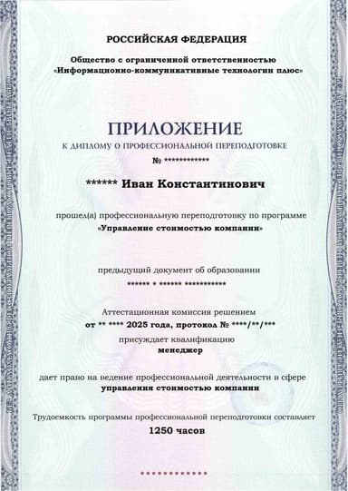 Образец приложения лицевая сторона (итоговое тестирование) по программе Управление стоимостью компании