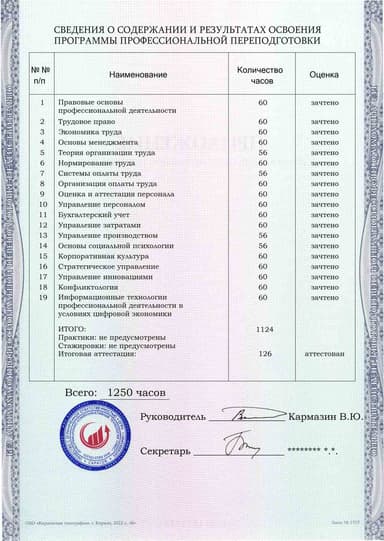 Образец приложения оборотная сторона (итоговое тестирование) по программе Нормирование и оплата труда