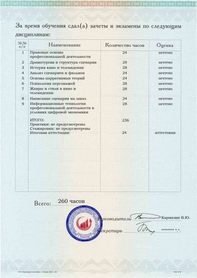 Образец приложения оборотная сторона (аттестационная работа) по программе Сценарист