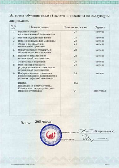 Образец приложения оборотная сторона (аттестационная работа) по программе Медицинское право