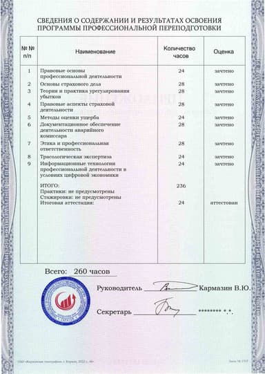 Образец приложения оборотная сторона (итоговое тестирование) по программе Аварийный комиссар